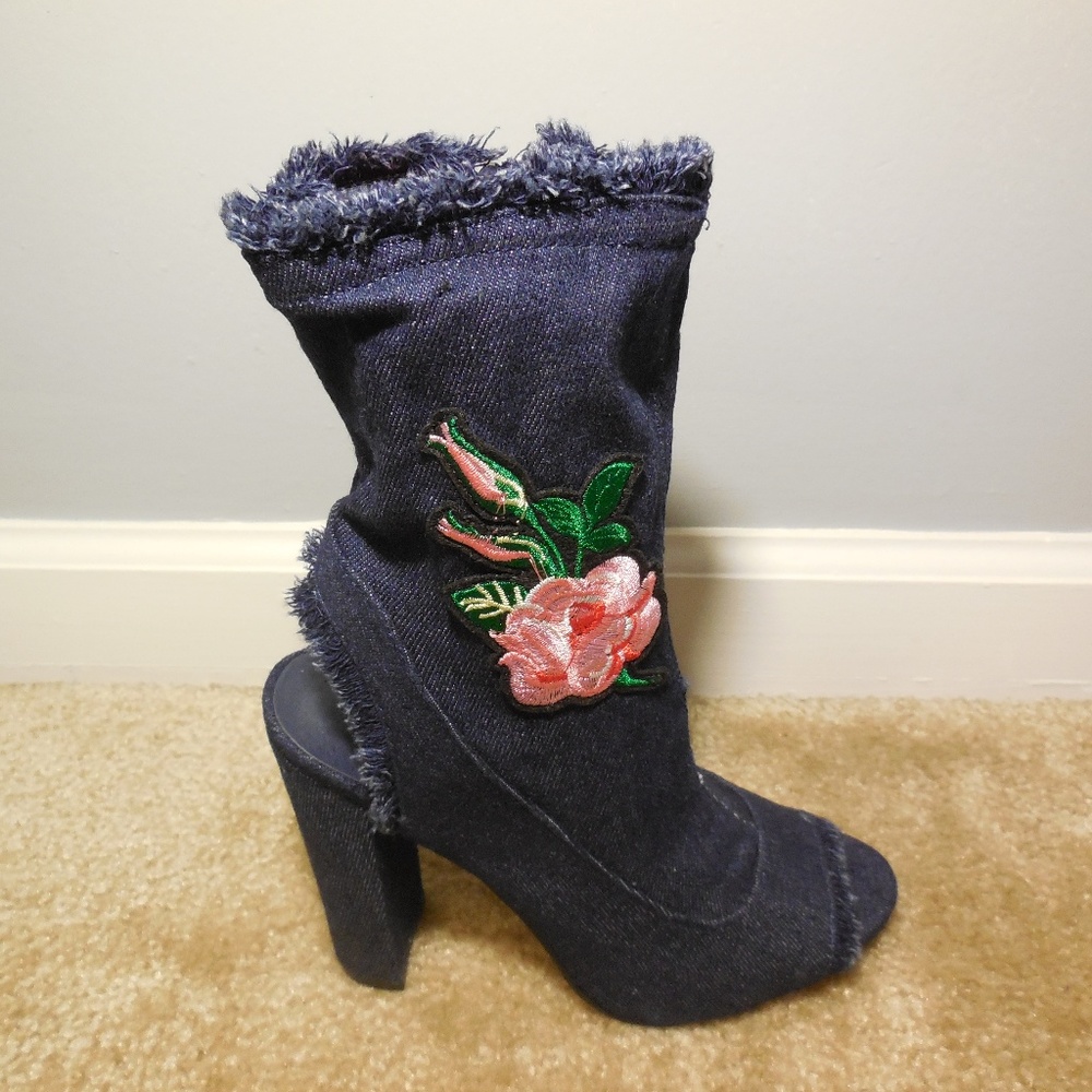 Blue Denim Embroider Floral Distressed Booties